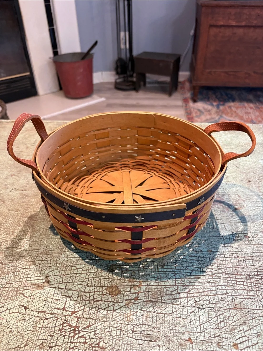 Longaberger Proudly American Darning Basket 2003 Leather Handles 10”